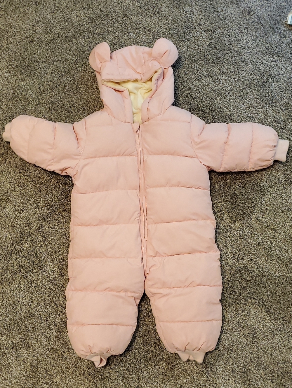 Pink Baby Puffer One-Piece Snowsuit with Bear Ears